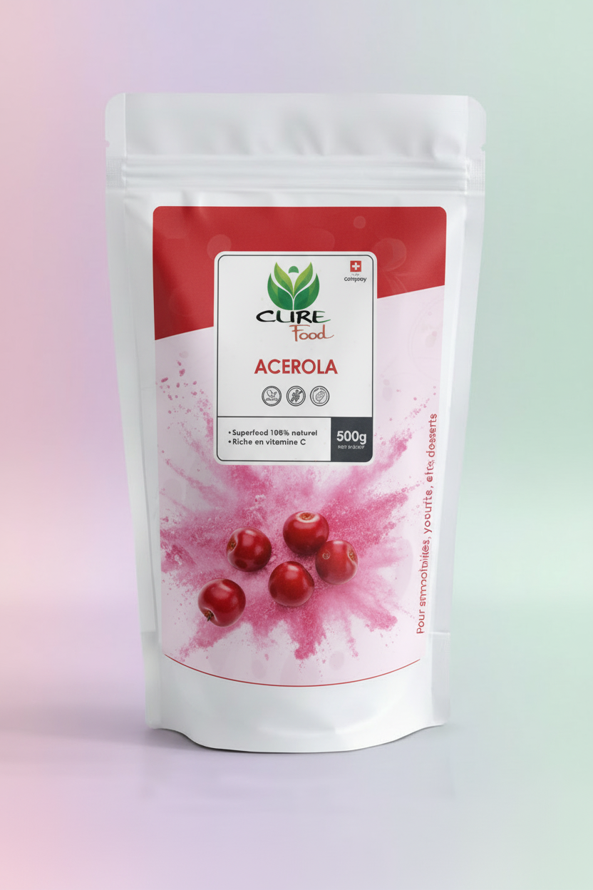 Acerola-Pulver mit korrektem Verlaufshintergrund