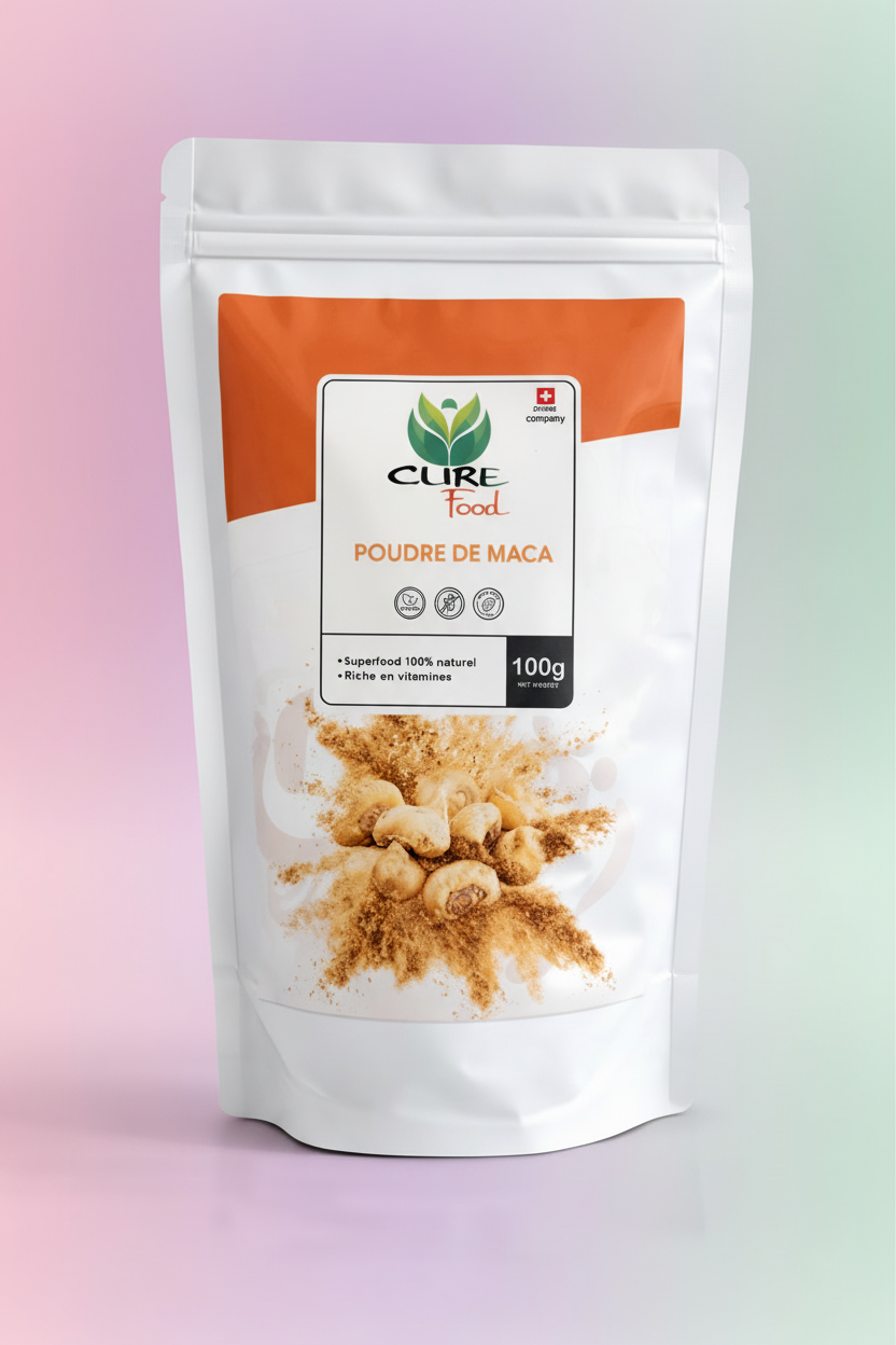 Maca Pulver mit farbigem Hintergrund